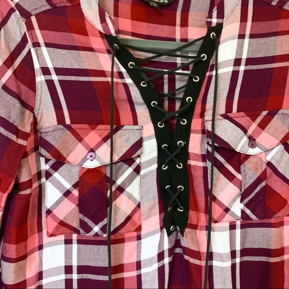 EXPRESS Red Lace-Up Plaid Check Long-Sleeve Blouse Shirt - Picture 4 of 4